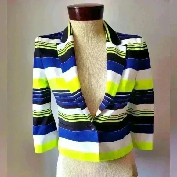 BCBG MAXAZARIA vibrant neon yellow, navy  and white blazer. Size xs - Picture 1 of 10